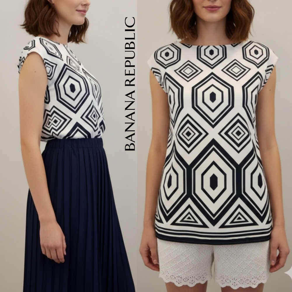Banana Republic Black and White Geometric Cap-Sleeve Blouse